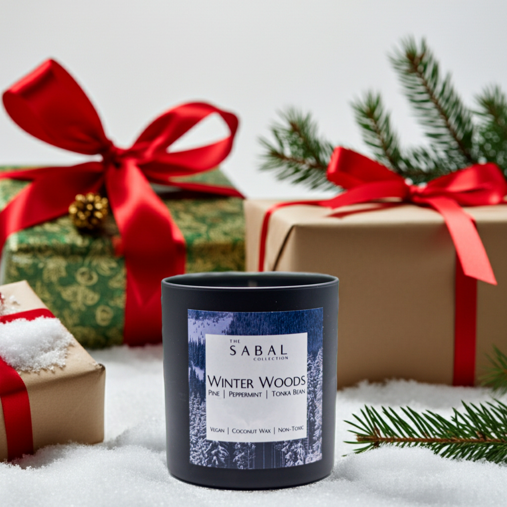 Sabal Collection Winter Woods candle with Christmas presents and decorations in the background