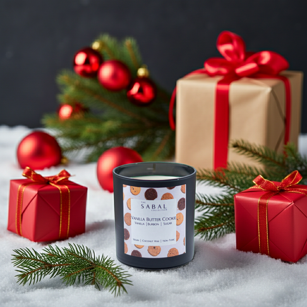 Sabal candle with Christmas decorations including gifts and tree branches on a snowy surface.