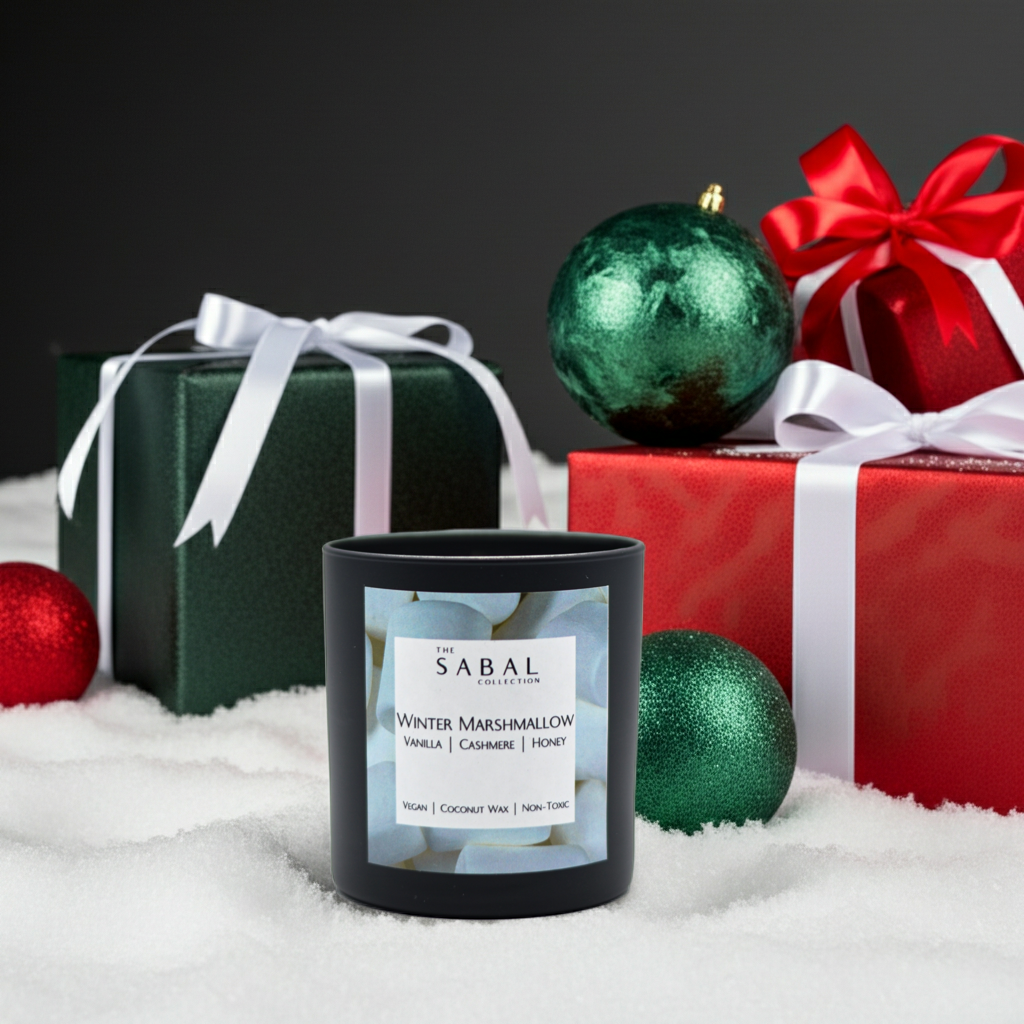 Sabal candle with Christmas decorations and presents on a snowy background